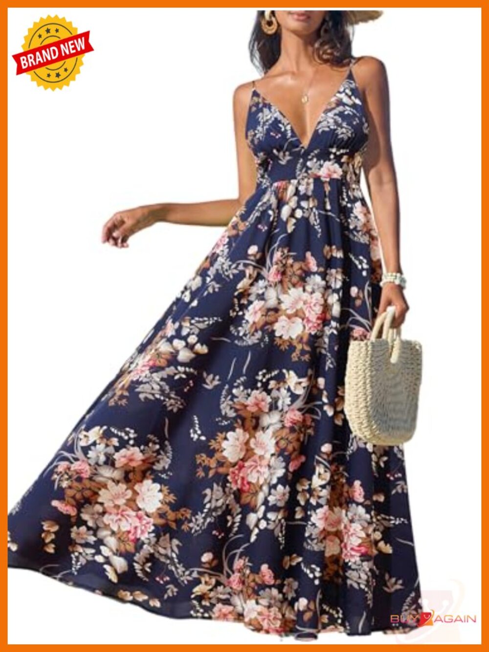Womens Floral Maxi Dress V Neck Sleeveless Spaghetti Strap Summer Sundress